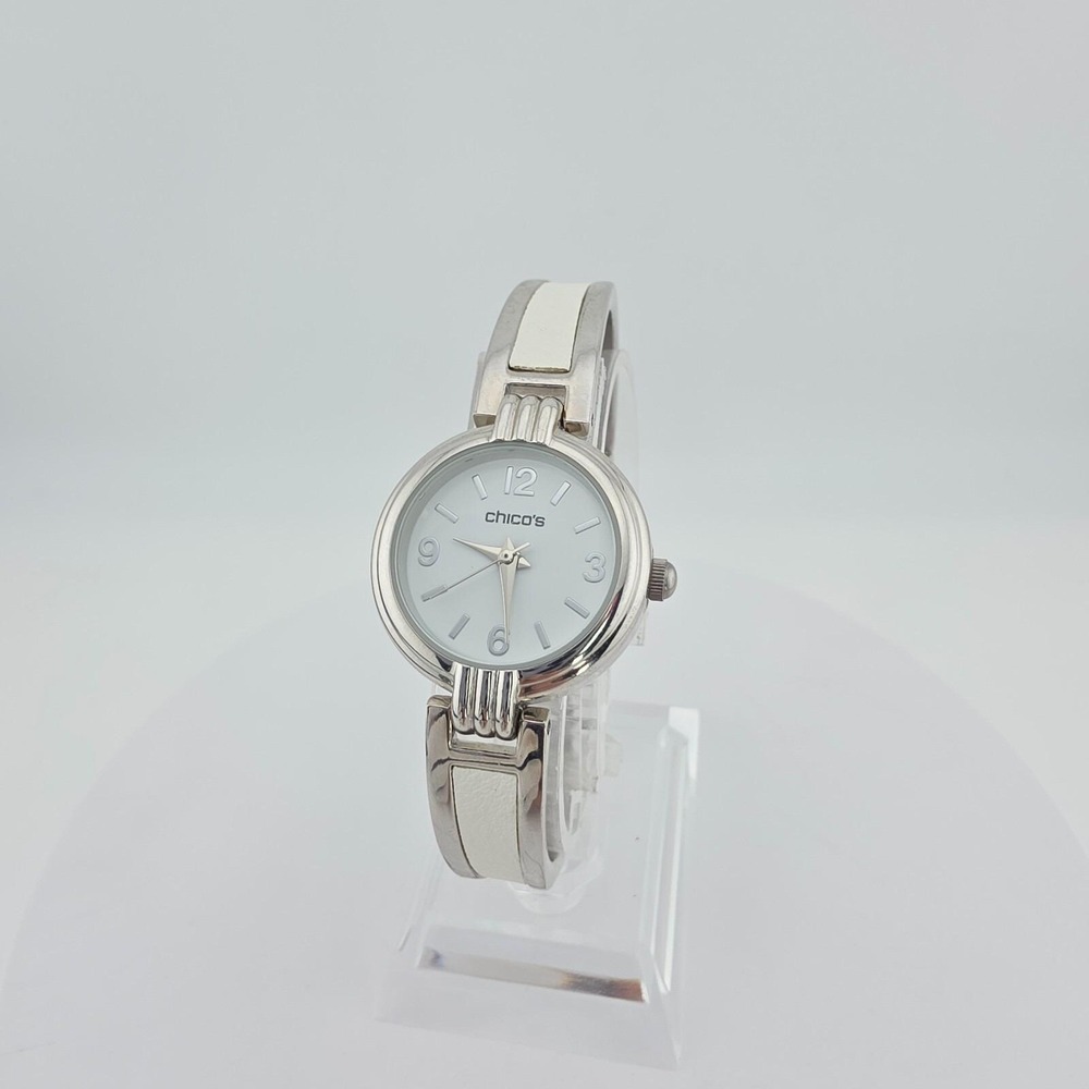 CHICO'S Ladies Watch White Dial White Leather Inlay Band Stainless Case 6.5"